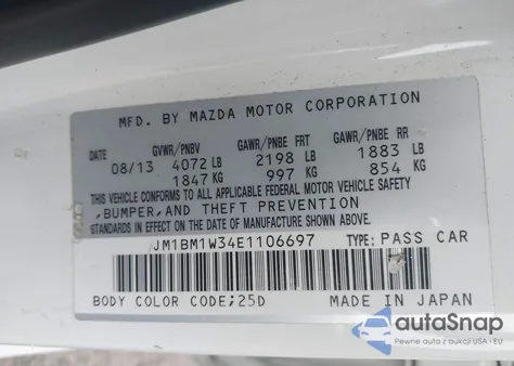2014 Mazda Mazda3 S Grand Touring z USA, uszkodzony, nr VIN JM1BM1W34E1106697